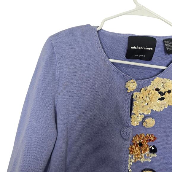 Rare Michael Simon Beaded Sequin Dog Cardigan Sweater Purple M - Picture 4 of 9